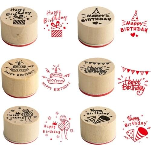 6pcs Card Making Stamps Happy Birthday Decorative Mounted Wooden Rubber Stamp