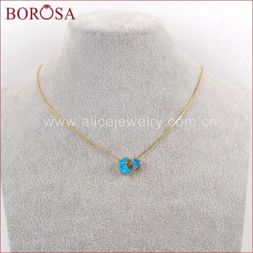 BOROSA 5pcs Crescent & Star Artificial Opal Beads White/Blue Opal Pendant with 17inch Plate Golden Chains Necklace G1573