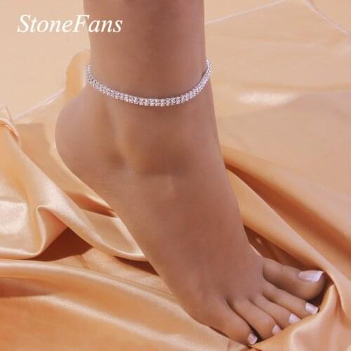 Stonefans Simple Rhinestone Double Layer Tennis Anklet for Women Silver Color Shiny Leg Bracelet Foot Chain Jewelry Accessories