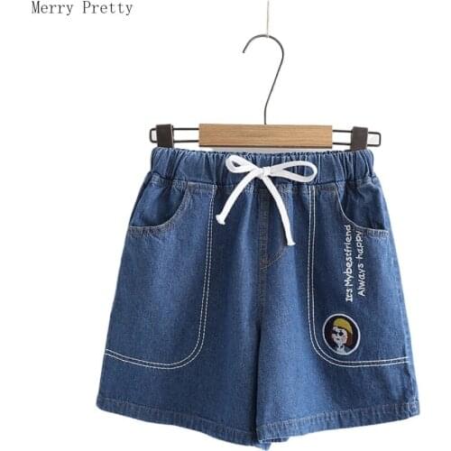 Cartoon Embroidery High Waist Denim Shorts With Pockets Elastic Waist Straight Loose Hot Shorts Summer Vintage Short Jeans Pants