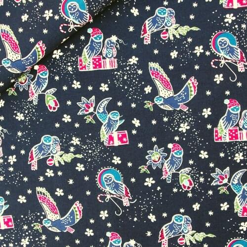 140cmx100cm Cotton Woven Fabric - Bird and Flowers on deep blue background