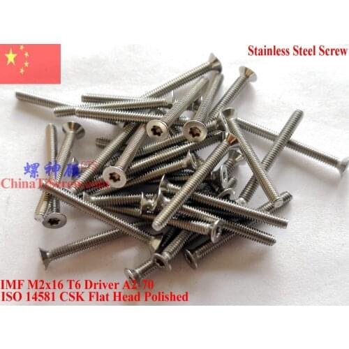 Stainless Steel Screws M2x16 ISO 14581 Flat Head Torx T6 Drive A2-70 Polished 100 pcs