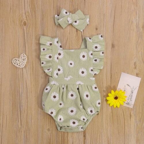 Newborn Baby Girls 2Pcs Fly Sleeve Bodysuits Cotton Bandage Daisy Printing Rompers+ Headwear Set Toddler Kids Summer Outwear