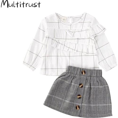 Kids Little Girls 2 Piece Summer Outfits, Ruffle Trim Long Sleeve T-Shirt Tops + Retro Buttons Plaid Skirt Clothes Sets