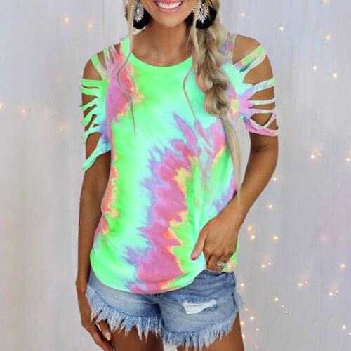 Colourful Tie Dye Print Hollow Out Sleeve Top Casual Strapless Short-Sleeved T-Shirt Round Neck Womens T-Shirts Hot Sale