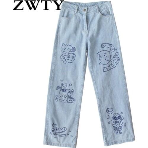 ZWTY Fashion Cotton Women Denim Jeans High Waist Curled Denim Straight Pants Sweet Cute Puppy Embroidery Girl Denim Trousers