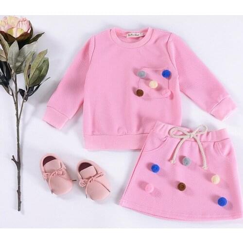 Fashion Children Girls Clothes Set 2pcs Cotton Full Sleeve Pompon Pocket Tops + A Line Skirt Spring Autumn Kids Girl Sets 90-130