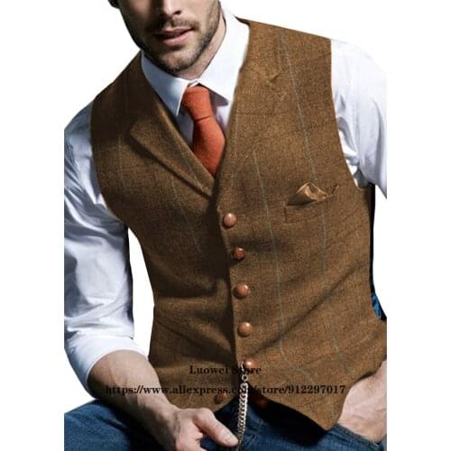 Mens Suits Vest Classic Plaid Soft Wool Jacket Retro Tweed Formal Business Waistcoat For Male Wedding Groomsmen Homme Gilet