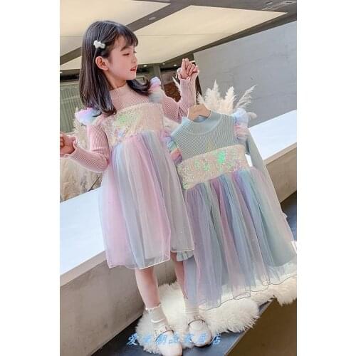 2021 New Princess Dresses Infant Baby Girls Party Dress Colorful Lace Sequined Long Sleeve Knee Length Tutu Dress Wholesale Hot