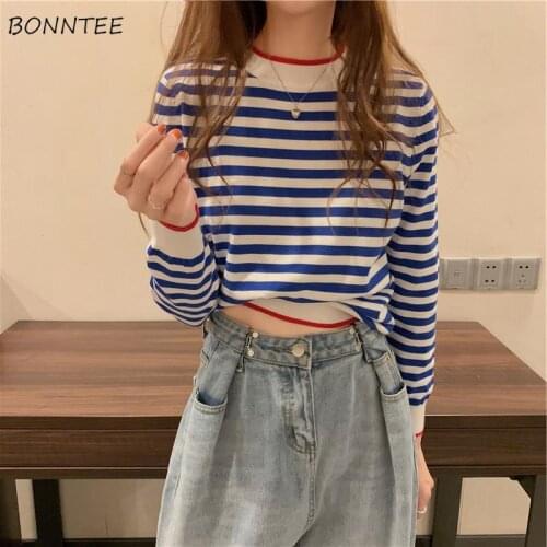 Pullovers Women Chic Harajuku Fall 2020 Lady Long Sleeve O-Neck Striped All-match Slim Korean Style Leisure Daily Female Clothes