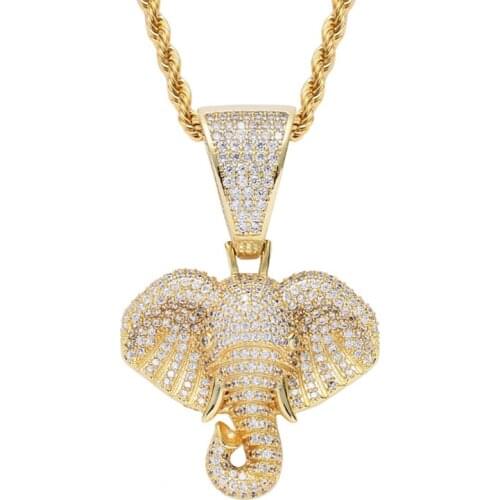 Rhinestone Men Necklace Ice Out Cubic Zircon Animals Elephant Head Pendant Gold Silver Color Hip Hop Charm Chain Jewelry