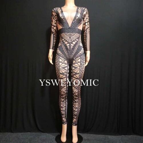 Dance Costumes Womens Black White Jumpsuit Costume One-piece Nightclub Dance Bandage Printed Outfit Party Celebrate Stage Wear