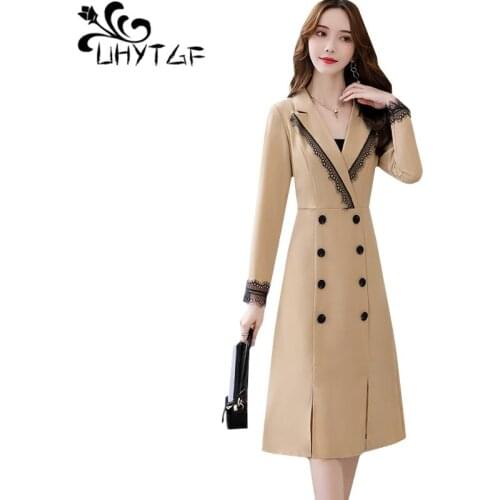 UHYTGF dress women Fashion lace stitching elegant women dresses solid color double-breasted slim quality autumn dress female 439