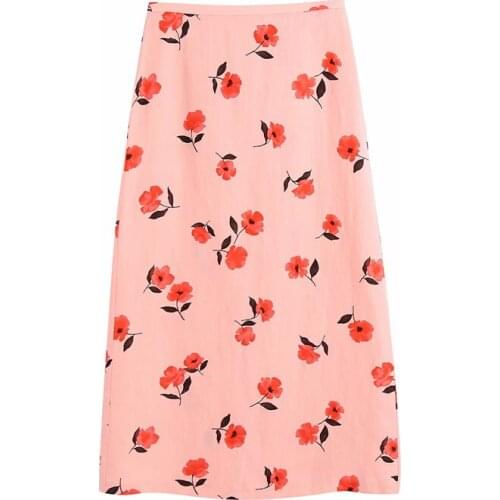 Evfer Women Fashion Flower Print High Waist Za Summer Long Skirts Girls Elegant Back Zipper Slit Chic Suit Skirt