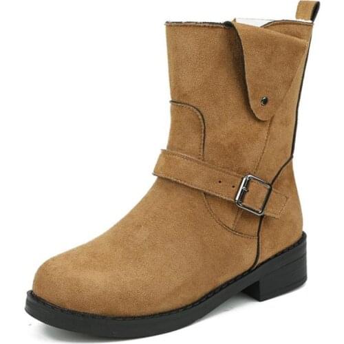 2021 Winter New Women Suede Flat Bottom Square Heel Round Head Middle Tube Daily Women Boots Are Warm Simple Versatile