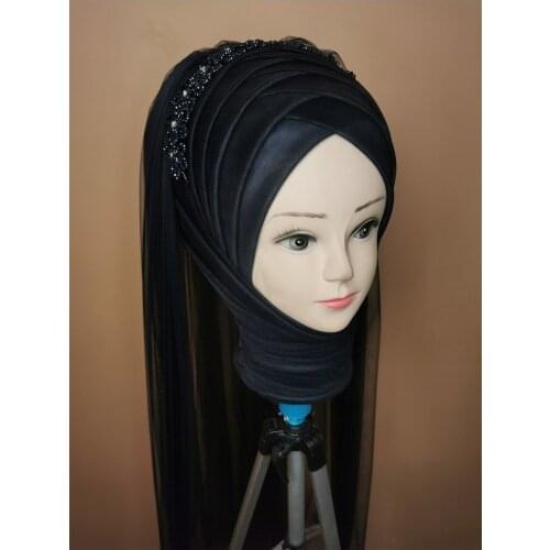 Womens Dark Blue Color Muslim Hijab Scarf Ready to Wear Turban Islamic Headscarf Female Head Wraps lycra tulle wedding party