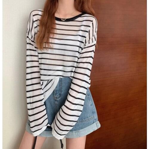 Womens Knitted Pullover Stripe Long Sleeves Loose Sunscreen Spring Autumn Thin Top Wholesale 2021 New Fashion Lady Clothing