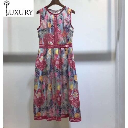 2020 Latest Summer Designer Ladies Pink Flower Print Hollow Out Embroidery Sleeveless Mid-Calf Length Casual Sun Dress
