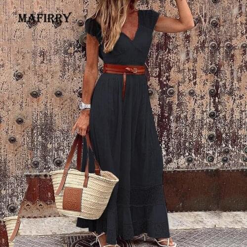 Casual Women Summer Solid Hollow Out Patchwork Dress V Neck Loose Short Sleeve Holiday Dress Lady High Waist Streetwear Dress