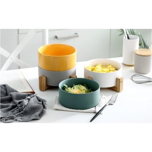1PC Nordic Creative Home Ceramic Pigmented Salad Bowl with Bamboo Shelf Western Style Fruit Dessert Bowl Microwave Oven OK 0886