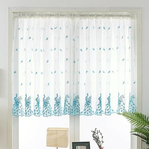 1PC Peacock Embroidered Short Simple Convenience Net Yarn Window Curtain For Study Living Room Decor