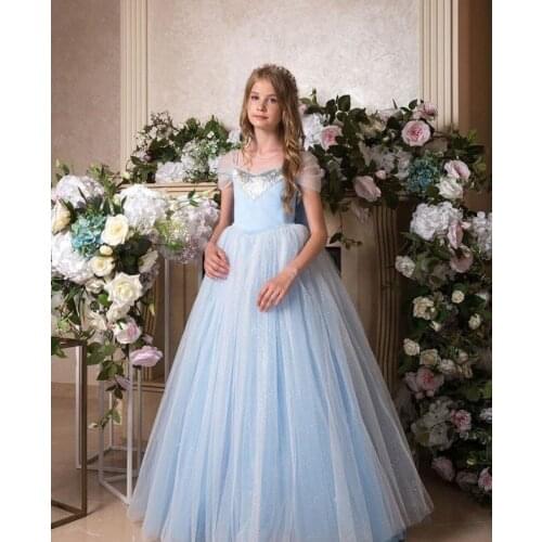 Cap Sleeve Princess Ball Gowns For Children Birthday Blue Girls Birthday Party Dresses Celebrity Dresses Custom