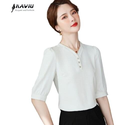 White Professional Shirt Women Fashion New 2021 Summer Slim V Neck Design Chiffon Half Sleeve Blouses Office Ladies Work Tops