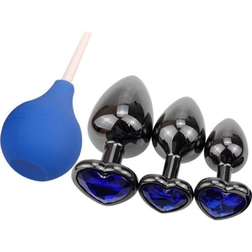 Black Plated Metal Anal Plug Bead Heart Crystal Base Smooth Butt Plug Enema Anus Dilator Couples Adult Game Toys For Women / Men