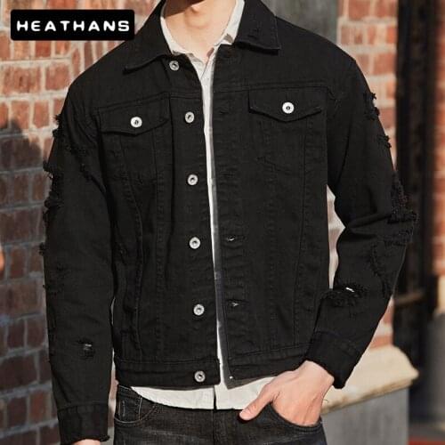 Spring Autumn Mens Denim Jacket Korean Hole Handsome Jean Jacket Male Solid Color Baseball Top Men Denim Jacket Plus Size S-3XL