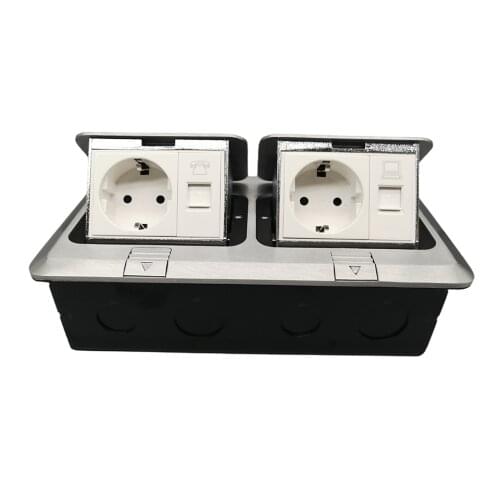 Double Row Soft Pop Up Floor Socket with 2 EU Plugs , Computer socket and phone socket HGD-3F Silver Aluminum alloy Outlet