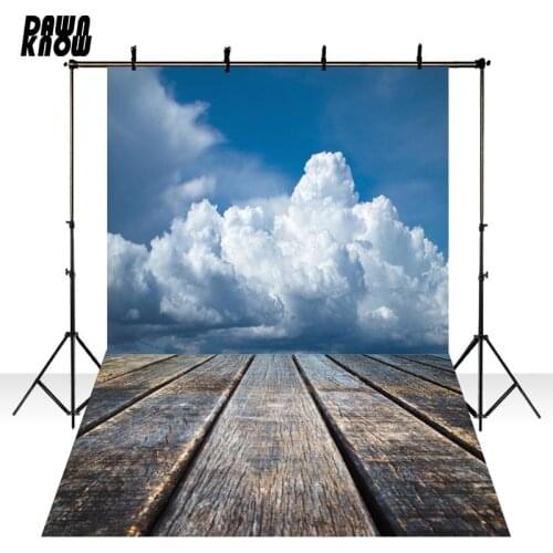 DAWNKNOW Blue Sky White Cloud Photography Background Photocall Wood Floor Photo Shoot Wedding Backdrops Photo Studio lv1828