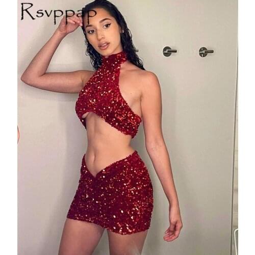 African Style Black Girl Burgundy Sparkly Sequin Two Pieces Short Party Prom Dresses 2021