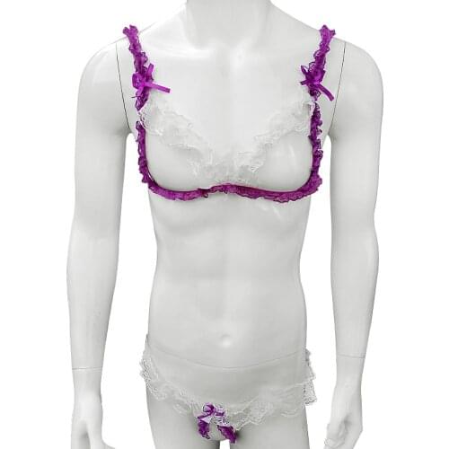 Ruffles Lace Sissy Panties With Bra Sexy Mens Bra set with Thong Jockstrap Lingerie Underwear Open Front & Crotch Sissy Panties