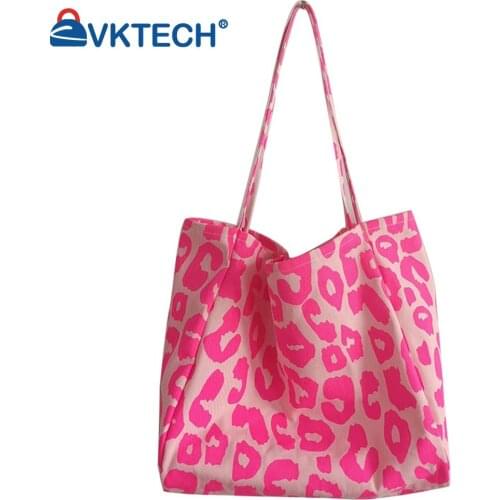Fashion Women Leopard Pattern Printing Canvas Shoulder Shopping Bag Casual Ladies Large Capacity Tote Handbags
