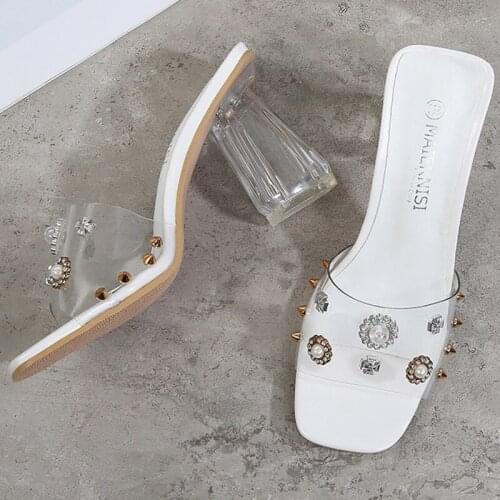 Fashion Womens Shoes Sandals Open Toe Transparent PVC Pearl the Rivet Crystal Chunky Heel Outdoor Slip-on Mules Shoes summer