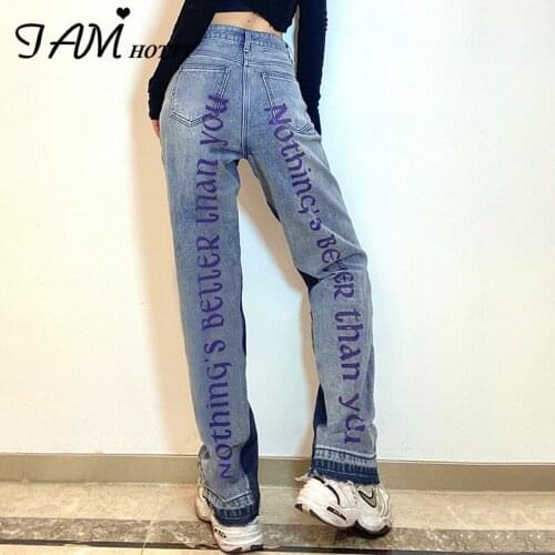 Fashion y2k Harajuku Behind Graphics Letter Print Womens Straight Jeans Classic Mom High Waist Baggy Patchwork Pants Iamhotty