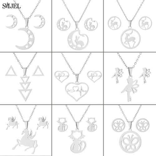 Stainless Steel Jewelry Sets for Women Silver Color Cute Rabbit Angel Unicorn Heart Earrings Ballet Fashion Moon Charm Necklace