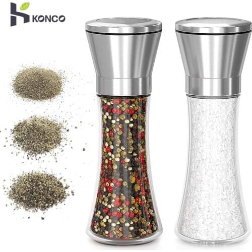 Konco New Salt and Pepper Mill Shakers,Stainless Steel Manual Sea Salt Mills,Adjustable Ceramic Pepper Grinder with Glass Body