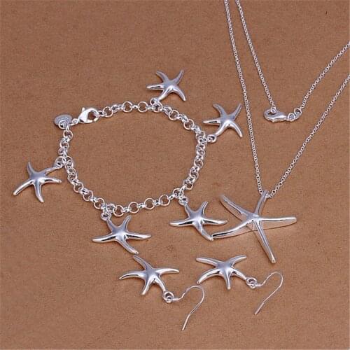 Fashion new 925 sterling Silver fine starfish Pendant Bracelet necklace earrings Jewelry set for women Party Christmas Gifts