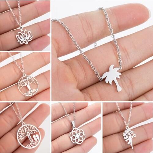 Stainless Steel Coconut Tree Necklace Pendant For Women Lover Gold Silver Color Lotus Tree of Life Necklace Engagement Jewelry
