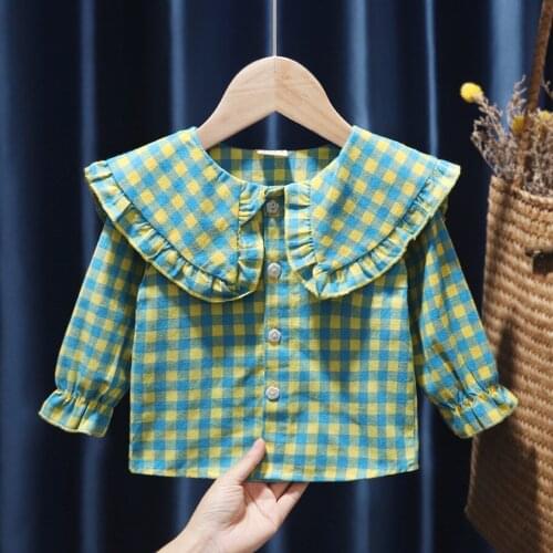 Spring Autumn Girls Shirt Clothes Plaid Long Sleeve Baby Cotton Cardigan Shirts Turn Down Collar Toddler Kids Child Blouse Tops
