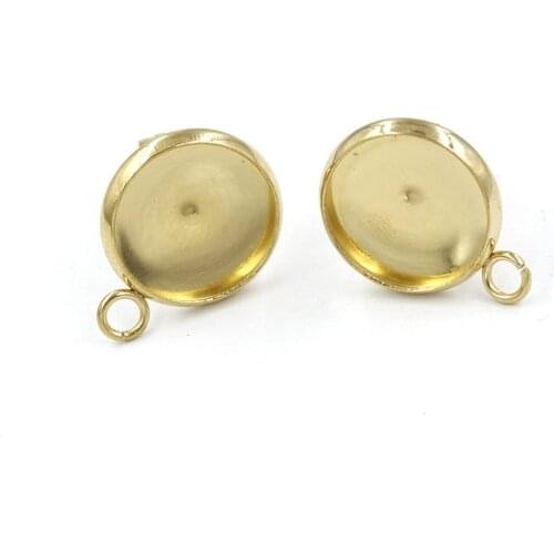20pcs Stainless Steel Gold Stud Earring Posts with Loop Dia 14mm Cabochon Earrings Base Settings DIY Jewelry Findings