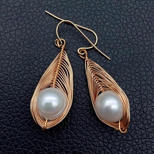 Cultured Whitefreshwater Pearl Yellow Gold color Plated Handmade Hook Earrings