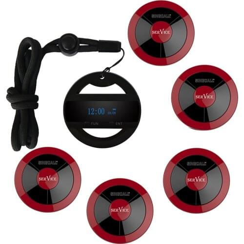 SINGCALL Wireless Restaurant Calling System, 1 APE6100 Lanyard Mobile Receiver and 5 Service Call Button, Staff Pager, APE310R