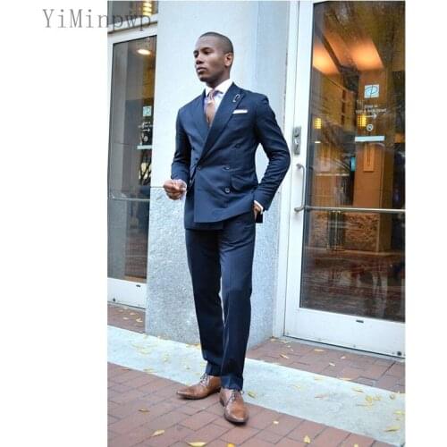 YiMinpwp Navy Formal Men Suits Peaked Lapel Double Breasted Wedding Suits for Men costume homme mariage 2 Piece Jacket+Pant
