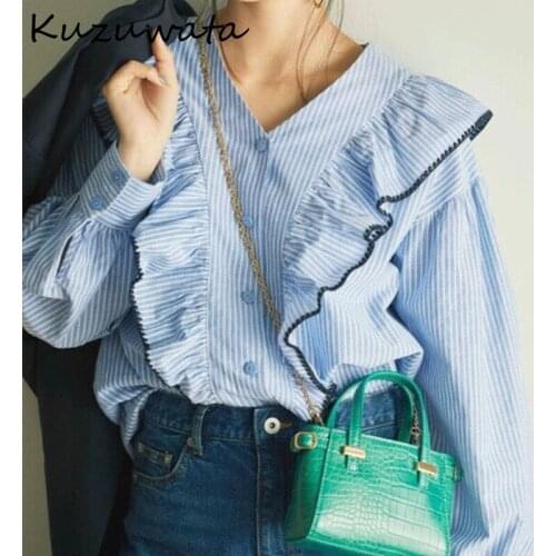 Kuzuwata V Neck Chic Ruffles Panelled Patchwork Woman Blouse Spring New Single Breasted Shirts Fresh Elegant Blusas Women