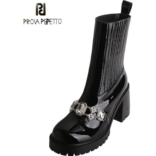Rhinestone Chain Stitched Round Toe Platform Short Boots Womens High-heeled Fashion Boots with Elastic Bands on Both Sides