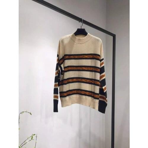 ElfStyle Women Contrast Striped Mohair Blend Long Sleeve O Neck Sweater Pullover Top - Ladies O Neck Casual Fashion Knitted Top