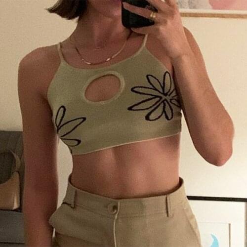 Fashion Camisoles Streetwear Flower Print Crop Tops 2021 New Summer Sexy Hollow Out Slim Camisole Short Knit Women Crop Top