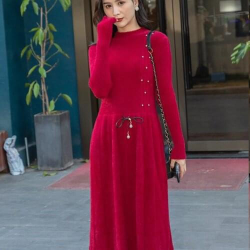 Women Dress Autumn Winter 2021 Knit Sweater Drawstring Elegant Slim Round Neck Midi Dresses Long-sleeved Female